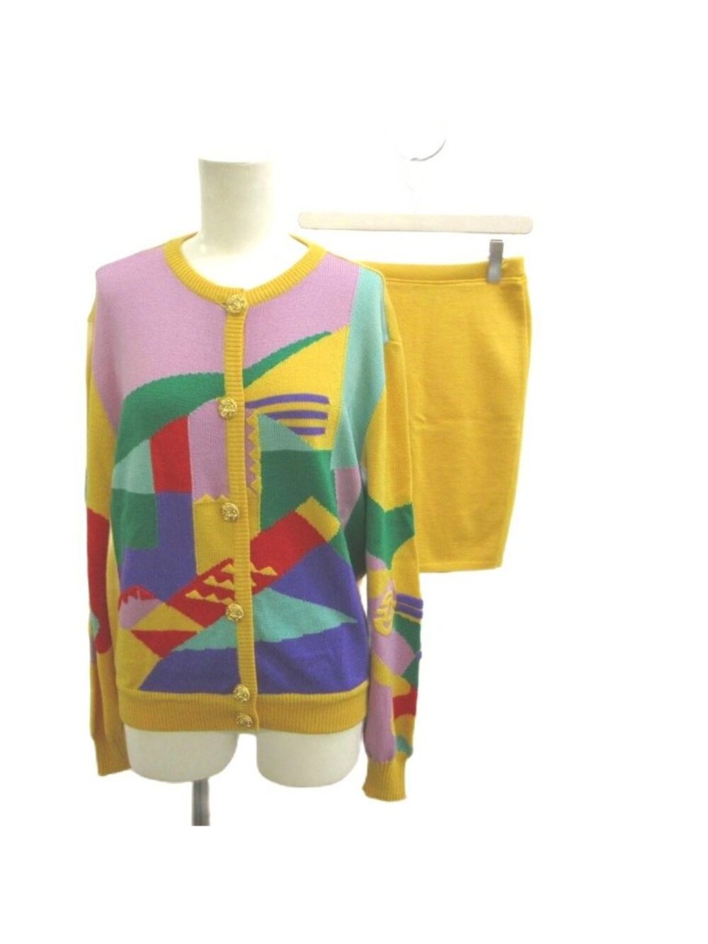Versace Gianni Set Knit Cardigan Pencil Skirt Wool Yellow Green Medusa Color 42